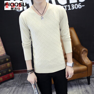 費洛仕春秋季新款男士V領(lǐng)薄款針織衫韓版潮修身長(cháng)袖打底衫毛衣男秋衣 米色 3XL