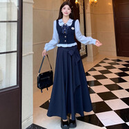 秋冬新款大碼學(xué)院風(fēng)甜美減齡假兩件上衣長(cháng)款高腰半身裙藍色兩件套 藍色上衣+半身裙 套裝 XL 120-135斤