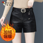 啄木鳥(niǎo)（TUCANO）秋冬季新款外穿皮褲皮短褲女加絨打底闊腿靴褲高腰2025冬天 黑色加絨款【8930#】 沒(méi)有腰帶 3XL 建議【130-140斤】