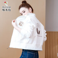 啄木鳥(niǎo)春秋新款寬松立領(lǐng)長(cháng)袖外套女時(shí)尚短款小個(gè)子開(kāi)衫夾克棒球服上衣潮 白色 常規 M 90-100斤