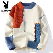 花花公子（PLAYBOY ESTABLISHED 1953）拼接撞色毛衣男士冬季新款美式針織衫男寬松慵懶風(fēng)毛線(xiàn)衣 HAD-8332 桔色 M 【約90~115斤可穿】