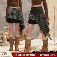 UNIFREE格紋西裝半身裙蕾絲拼接不規則設計感撞色A字版百褶短裙 黑色 L