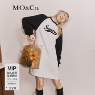 MO&Co.連衣裙重工五層結構空氣棉美式復古撞色插肩袖印花摩安珂 米杏色 S 160