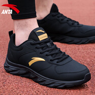 安踏運動(dòng)鞋男鞋子男士秋冬季款皮網(wǎng)面拼接軟底輕便減震跑步訓練徒步鞋 【皮面防潑水】黑/金屬金-7 41