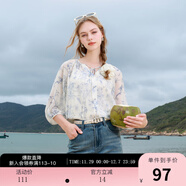 三彩2025夏季新款雪紡印花小衫系帶七分袖寬松襯衫吊帶兩件套M 米白色花卉 S 155/80A