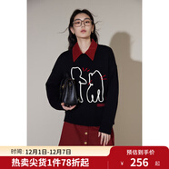 獨束大碼女裝貓咪繡花休閑針織衫女冬裝新款可愛(ài)減齡百搭針織毛衫 烏梅黑 XL