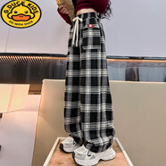G.duck女童闊腿褲2025新款高腰休閑兒童直筒褲加絨女中大童韓版格子長(cháng)褲 格子闊腿褲-春秋黑色 140 cm 建議130-140cm年齡9-10歲
