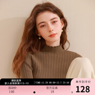 三彩冬款純色坑條針織衫木耳邊半高領(lǐng)修身打底內搭簡(jiǎn)約女 咖啡色 M