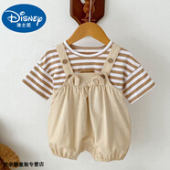 迪士尼寶寶新生嬰兒兩件套衣服夏季薄款休閑條紋短袖背帶褲套裝哈衣寶寶夏裝 杏色兩件套 90 建議80-90cm1歲半-2歲