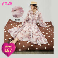 妖精的口袋蝴蝶結長(cháng)袖雪紡連衣裙女2024秋季新款法式碎花裙高級感 水樣粉色 M