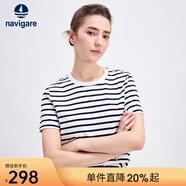 Navigare意大利小帆船短袖T恤女夏季純棉條紋體恤衫時(shí)尚顯瘦圓領(lǐng)百搭汗衫 白底藍紋 M