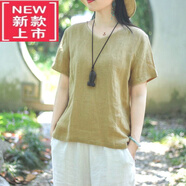 東方鴨復古純色亞麻短袖T恤夏季薄款復古寬松純色休閑文藝女裝棉麻上衣 麥稈黃 L 建議100-115斤