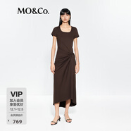 MO&Co.連衣裙夏扭結高腰短袖正肩長(cháng)裙MBE2DRS002可露麗穿搭 深棕色 S /160