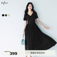 伊芙麗（eifini）蔣欣代言【天鵝裙】V領(lǐng)針織拼接顯瘦短袖連衣裙2025春季新款 黑色 S 80-105斤