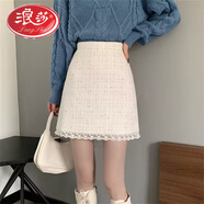 浪莎小香風(fēng)半身裙女秋冬季新款小個(gè)子高腰顯瘦蕾絲拼接毛呢包臀短裙子 白色 自帶安全褲 L