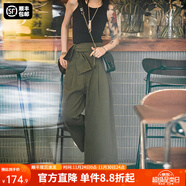 馬登設計感雙褶高腰工裝褲女士闊腿休閑背帶褲春秋高級感寬松長(cháng)褲子女 軍綠色 L
