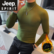 JEEP SPIRIT吉普半高領(lǐng)t恤男長(cháng)袖秋冬季加絨加厚保暖修身中領(lǐng)打底衫緊身體恤 軍綠色（中領(lǐng)） 加絨 M (100-110斤)