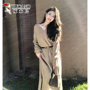 啄木鳥(niǎo)歐洲站秋裝女款2025年新款輕奢感氣質(zhì)長(cháng)袖打底針織毛衣洋裝 卡其色 配腰帶 S