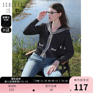 三彩2024秋款撞色條紋海軍領(lǐng)針織衫毛衣開(kāi)衫顯瘦毛衫簡(jiǎn)約女 黑色 S 155/80A