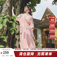 兩三事梵高文藝迷霧芳影2025春季新款法式蕾絲拼接燈籠袖繡花連衣裙 橘粉 L