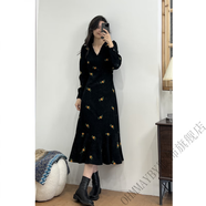 OHMMAYBY微胖定制“黑天鵝”秋冬燈芯絨法式復古氣質(zhì)刺繡溫柔顯瘦連衣裙 黑天鵝 S 建議85-100斤