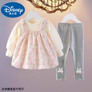 迪士尼寶寶嬰兒連衣裙新款女童三件套長(cháng)袖寶寶裙子公主可愛(ài)春秋洋氣兒童套裝 粉色 長(cháng)耳朵裙+兔子花褲灰 100 建議90-100cm1歲半-2歲