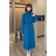 毛線(xiàn)裙子中長(cháng)款韓國藍色長(cháng)款毛衣裙女慵懶風(fēng)加厚過(guò)膝中長(cháng)款 藍色腰帶款 S