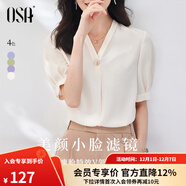 歐莎（OSA）V領(lǐng)短袖雪紡衫女高檔洋氣年輕款上衣遮肚子顯瘦女士夏裝 杏色 L