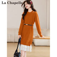 拉夏貝爾（La Chapelle）蕾絲拼接腰帶針織連衣裙女裝2025秋冬新款寬松顯瘦過(guò)膝打底毛衣裙 橘色 L