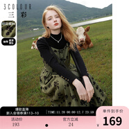 三彩冬款花朵吊帶連衣裙方領(lǐng)無(wú)袖中長(cháng)碎花裙女 綠色 S 155/80A
