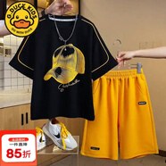 G.duck特價(jià)小黃鴨童裝男童夏裝新款痞帥短袖潮流套裝 黑黃套裝 160 cm