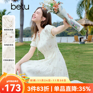 百圖betu女裝2025夏季新款連衣裙抽褶泡泡袖國風(fēng)印花收腰裙子2503T91 米白 M