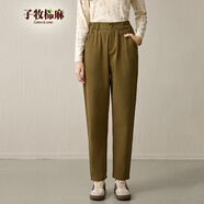 子牧棉麻秋裝新款 女小腳哈倫褲工裝褲蘿卜休閑褲九分寬松褲子3277 軍綠色 M (建議95-110斤)
