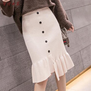 美安嘉半身裙不規則秋冬季韓版高腰顯瘦毛線(xiàn)裙荷葉邊魚(yú)尾裙包臀裙 杏色 M