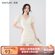 西遇V領(lǐng)泡泡袖連衣裙女2025年早夏新款法式褶皺收腰修身包臀裙子 黃色 XL