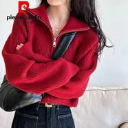 皮爾卡丹（pierre cardin）新款半拉鏈polo領(lǐng)蝙蝠袖針織衫高腰毛衣女短款時(shí)尚美拉德色系上衣 紅色優(yōu)先發(fā)貨 S 85-95