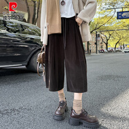 皮爾卡丹（pierre cardin）燈芯絨七分闊腿褲女2025秋冬新款藏青色靴褲百搭修身顯瘦休閑褲子 咖色 2XL