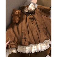 奈奈風(fēng)復古冬季毛毛花雜感花苞外套鏤空蕾絲打底衫短裙三件套套裝 外套加棉保暖 S