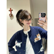 超顯白可愛(ài)卡通貼布刺繡毛衣開(kāi)衫女2025春季新款韓版針織衫外搭 深藏青卡通貼布開(kāi)衫 S S80-100斤