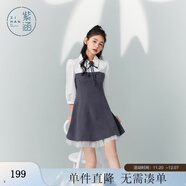 紫涵（ZIHAN）紫涵假兩件襯衫領(lǐng)連衣裙女秋季收腰顯瘦七分袖網(wǎng)紗短裙子 深灰 L