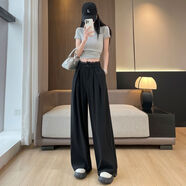 嫻汶黑色蕾絲西裝褲女秋夏季流行高腰感垂感小個(gè)子休閑直筒闊腿褲 黑色加長(cháng)款獨特漂亮松弛感寬松bf又a又颯洋氣垂墜感 2XL 2XL131-145斤