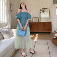 京嚴甄選漸變藍色露肩吊帶連衣裙女夏季海邊網(wǎng)紗拼接牛仔長(cháng)裙 漸變藍色 XS XS