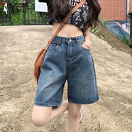 啄木鳥(niǎo)（TUCANO）松緊腰牛仔短褲女五分褲夏季新款復古高腰寬松直筒褲百搭顯瘦中褲 復古藍 XL