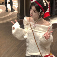 月半晴（YUEBANQING）軟糯小心機一字領(lǐng)露肩針織衫小雪球蝴蝶結小香香毛衣女外套穿秋冬 糯糯白【單一字領(lǐng)上衣】 S