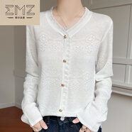 EMZ鄂爾多斯女開(kāi)衫歐根紗羊毛衫V領(lǐng)針織衫長(cháng)袖薄款外套外搭休閑上衣 白色 M