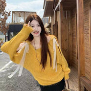 2025新款露肩蕾絲甜美慵懶系帶高級長(cháng)袖寬松毛衣針織衫上衣 黃色