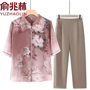 俞兆林中老年媽媽夏裝兩件套裝中袖雪紡襯衫老人襯衣印花中年母親節禮物 紫色上衣+卡其褲子 4XL 125-140斤