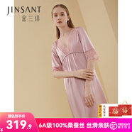 金三塔真絲睡裙桑蠶絲蕾絲優(yōu)雅短袖連衣裙子居家服 薔薇粉 M