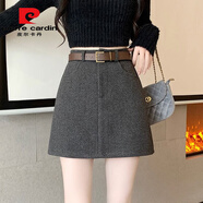 皮爾卡丹（pierre cardin）2023秋冬新款高腰a字加厚毛呢半身裙女修身顯瘦百搭包臀一步短裙 灰色 【送腰帶】 L 建議105-115斤