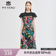 MY TENO春夏新款撞色花卉印花雪紡連衣裙黑色蕾絲拼接長(cháng)款 黑色 S